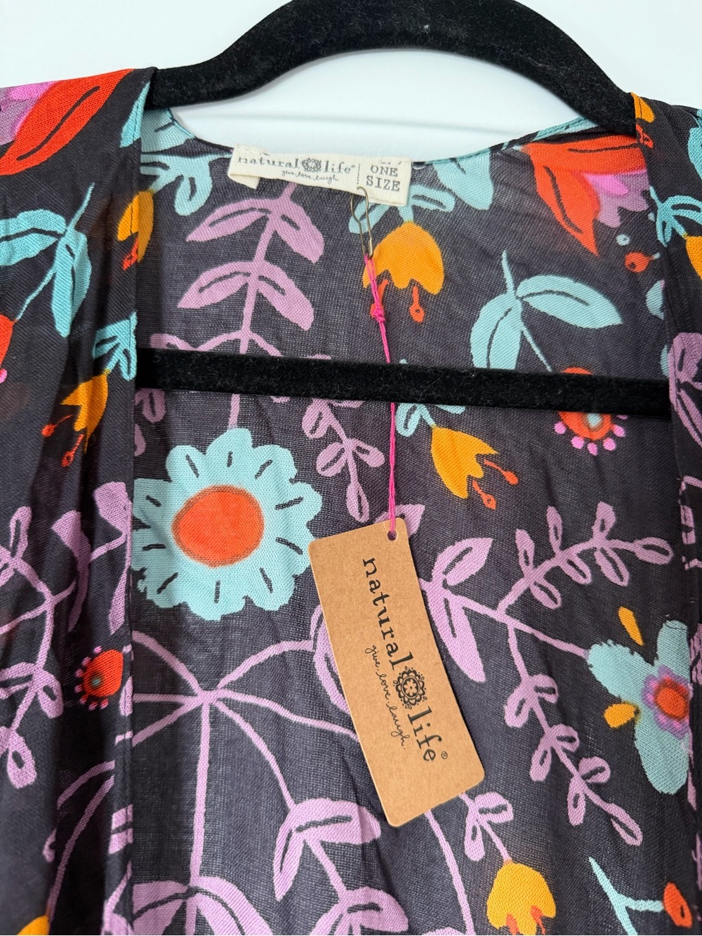 NWT Natural Life Floral Tassel Kimono - Black with Flowers One Size - Picture 3 of 5